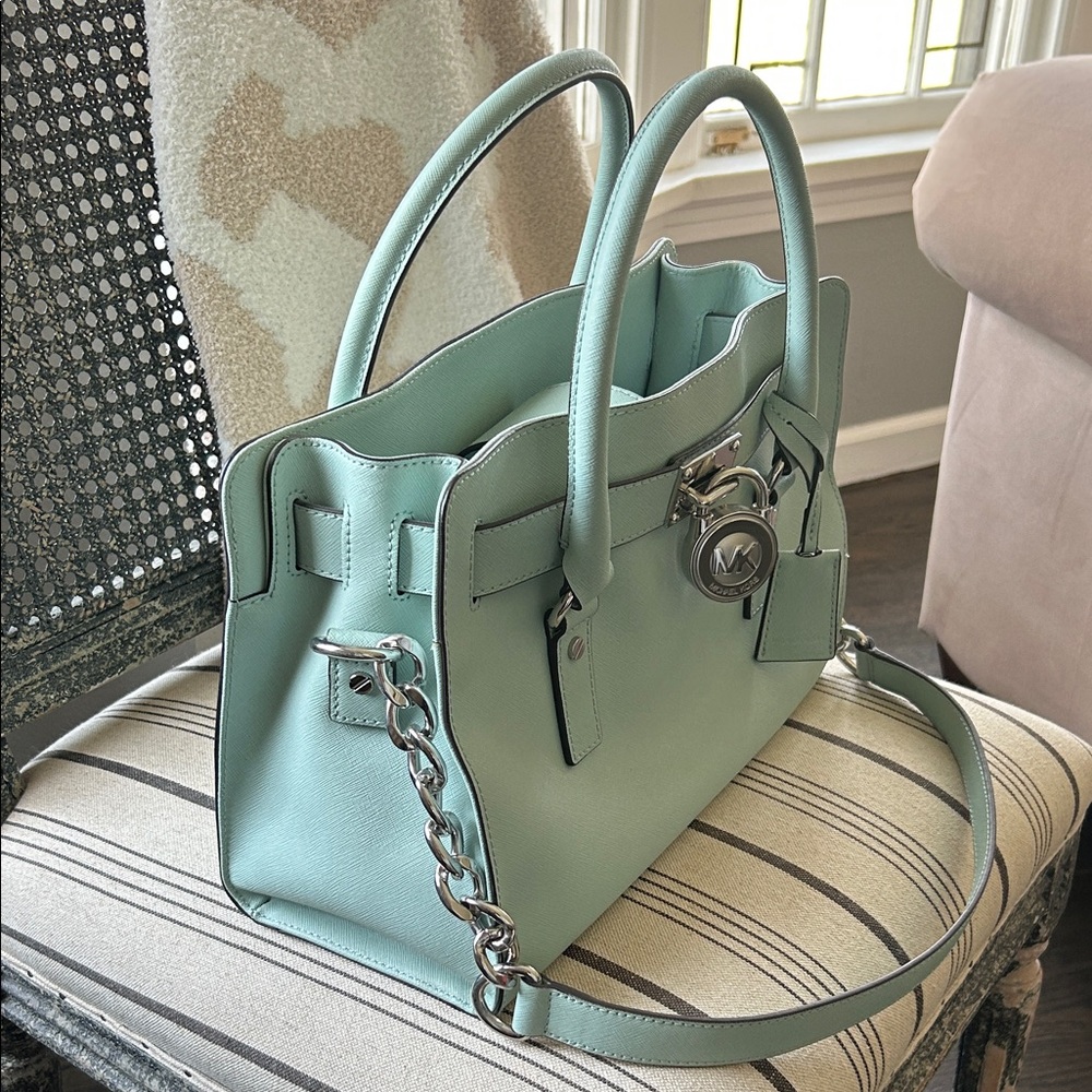 Michael Kors Mint Green Leather Satchel with Silver Hardware - Picture 3 of 12